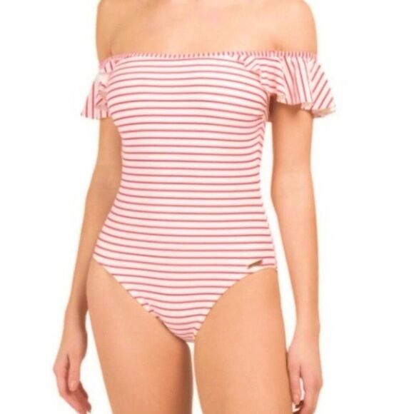Vince Camuto Swim 8 one piece swimsuit red white striped ruffles off shoulder - Picture 1 of 6